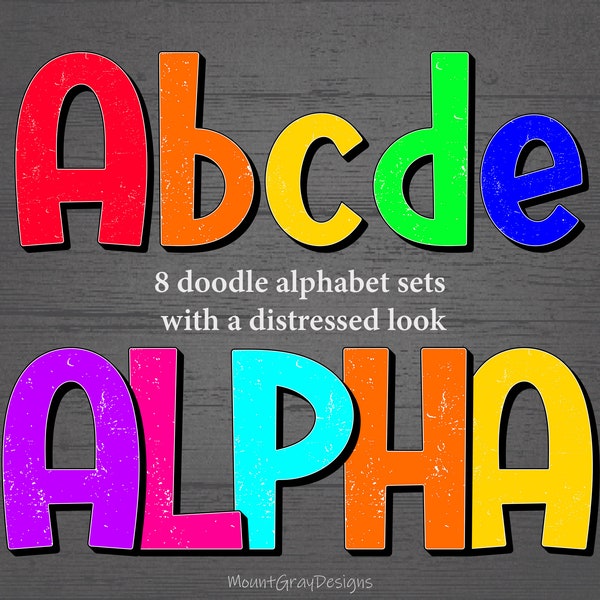 Vibrant Bright Doodle Alphabet PNG Bundle, 8 Retro Vintage Style Alpha Sets with Grunge Distressed Effect, Rainbow Teacher Letter Alpha Pack