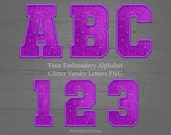 Faux Embroidery Letters PNG, Purple Glitter Varsity Letters, Collegiate Font, Sports Sublimation, Bling Letters Alphabet PNG Letter Patches