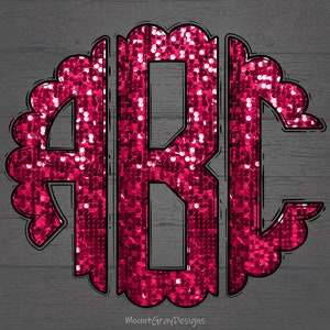 Monograma festoneado PNG, monograma redondo de brillo de lentejuelas sintéticas rosas, letras garabatos, conjunto completo de alfabetos, monograma de sublimación, diseños de prensa de calor