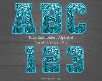 Faux Embroidery Letters PNG Alphabet, Turquoise Sequin Varsity Letters, Faux Patch PNG, Faux Stitched Alpha PNG, Sports Sublimation Letters