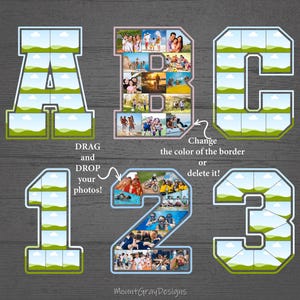 Modello per collage di foto con lettere e numeri, collage di foto con alfabeto, cornici Canva, collage di immagini personalizzate, storyboard commemorativo, regalo di anniversario