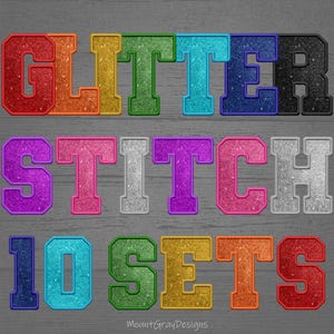 Namaakborduurwerk png, nepglitteralfabet png, varsity glitterpatch, Sports College nepsteekletters, zwart blauw goud roze paars rood