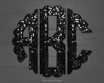 Scalloped Monogram PNG, Black Faux Sequin Glitter Round Monogram, Doodle Letters, Full Alphabet Set, Sublimation Monogram, Head Press Design