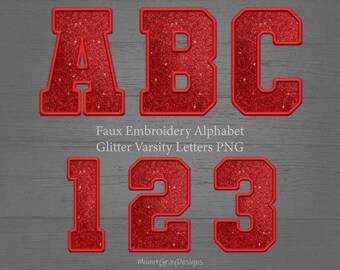 Faux Embroidery Letters PNG, Red Glitter Varsity Letters, Collegiate Font, Sports Sublimation, Bling Letters Alphabet PNG Letter Patches