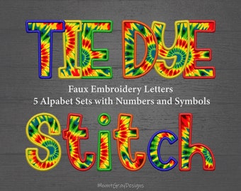Faux Embroidery Letters PNG Set, Tie Dye Letter Frames, Rainbow Alphabet Bundle, Groovy Vintage Retro Font Alpha PNG, Sublimation Letters