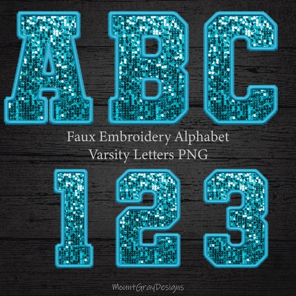 Faux Embroidery Letters PNG Set, Turquoise Sequin, Varsity Letters, Digital Stitch Patch, Sports Glitter Alphabet Bundle, Stitched Alpha PNG