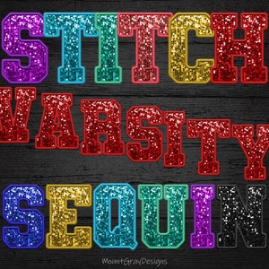Pailletten Varsity Faux Borduurletters PNG, Digitale Stitch Sport Glitter Alfabetbundel, Zwart Rood Blauw Goud Perzik Mint Turquoise Paars