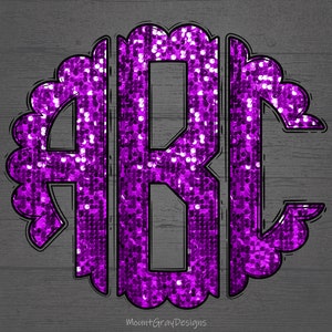 Monograma festoneado PNG, monograma redondo con purpurina y lentejuelas moradas, letra doodle, conjunto completo del alfabeto, fuente de monograma de sublimación