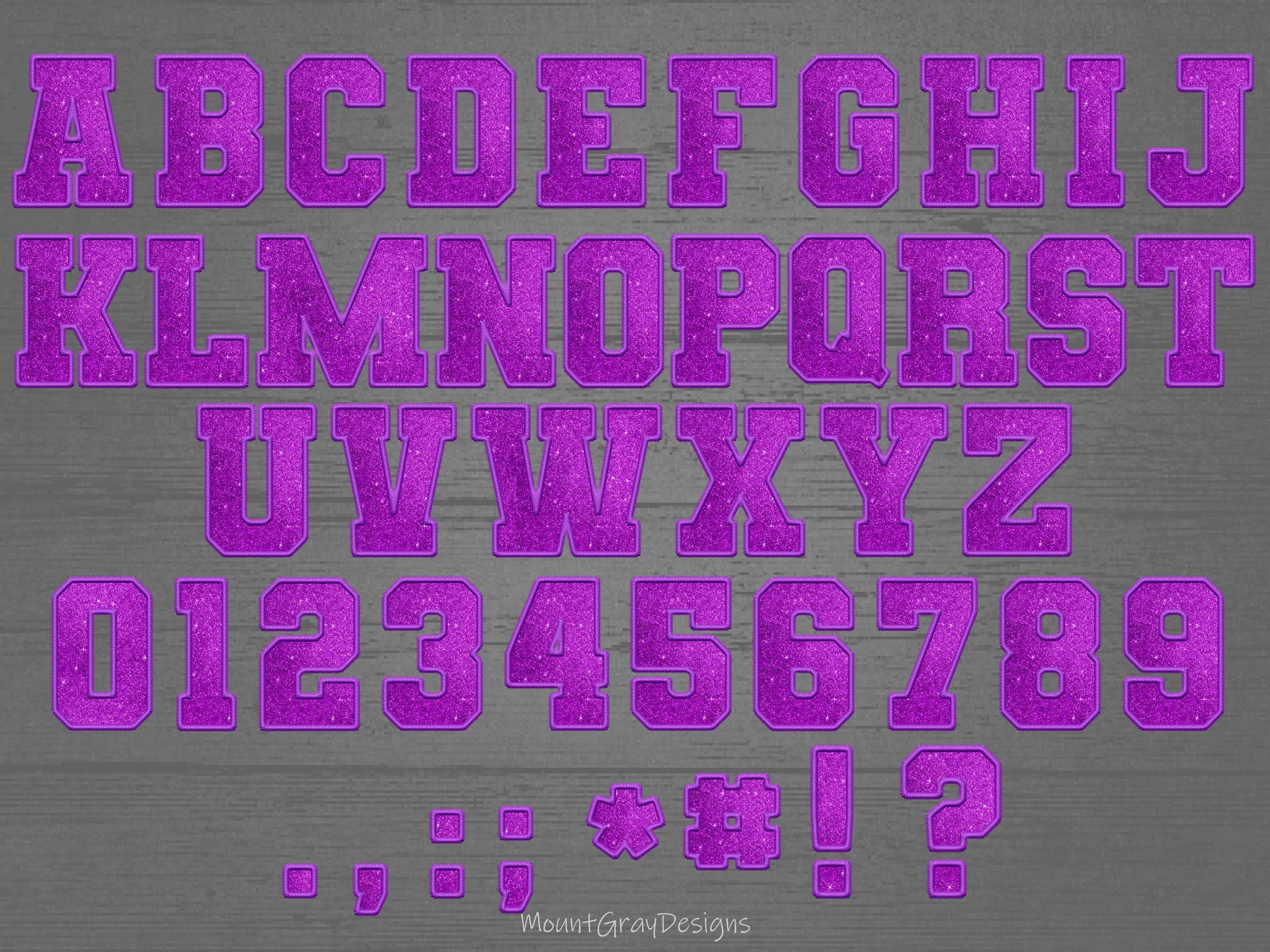 Pimp Letters Printable Faux Embroidery Letters PNG, Purple Glitter Varsity Letters, Collegiate ...