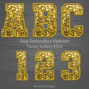 May include: Gold glitter varsity letters and numbers, including A, B, C, 1, 2, and 3, with a faux embroidery design. The letters and numbers are outlined in gold and set against a dark gray wood grain background. Text reads "Faux Embroidery Alphabet Varsity Letters PNG".