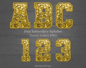 Faux Embroidery Letters PNG Alphabet Bundle, Gold Sequin Varsity Letters, Faux Patch PNG, Faux Stitched Alpha PNG, Sports Sublimation Design