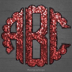Monograma recortado PNG, monograma redondo com glitter e lantejoulas falsas laranja e vermelho pêssego, letras rabiscadas, alfabeto completo, fonte de monograma de sublimação PNG