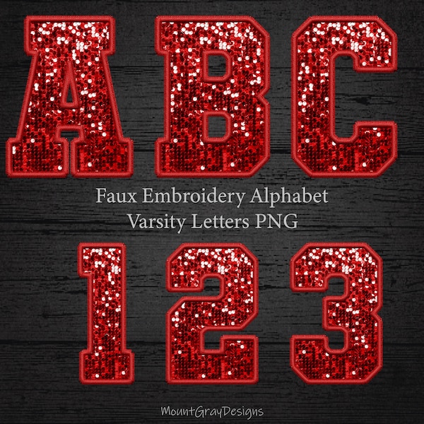 Faux Embroidery Letters PNG Set, Red Sequin, Varsity Letters, Digital Stitch Patch, Sports Glitter Alphabet Bundle, Stitched Alpha PNG