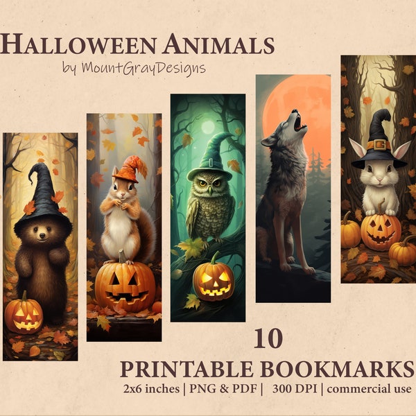 Halloween woodland animals printable bookmarks | Fantasy Bookmark Design | Whimsical Halloween Animals | Sublimation bookmarks bundle