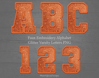 Faux Embroidery Letters PNG, Orange Glitter Varsity Letters, Collegiate Font, Sports Sublimation, Bling Letters Alphabet PNG Letter Patches