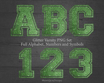 Faux Glitter Letters PNG, Green Varsity Letters, Collegiate Font, Sports Sublimation, Bling Letter Alphabet PNG, Outline Letter Patches PNG
