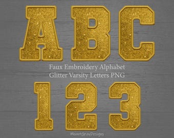 Faux Embroidery Letters PNG, Gold Glitter Varsity Letters, Collegiate Font, Sports Sublimation, Bling Letters Alphabet PNG Letter Patches
