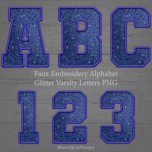 May include: Blue glitter varsity letters A, B, C, 1, 2, and 3. Faux Embroidery Alphabet Glitter Varsity Letters PNG. MountGrayDesigns.