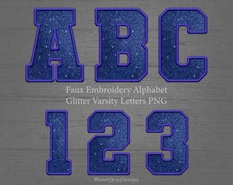 Faux Embroidery Letters PNG, Blue Glitter Varsity Letters, Collegiate Font, Sports Sublimation, Bling Letters Alphabet PNG Letter Patches
