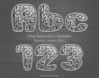 Conjunto de alfabeto PNG de letras bordadas falsas, letras brilhantes de lantejoulas prateadas, patch falso PNG, alfa costurado falso PNG, design de letras de sublimação