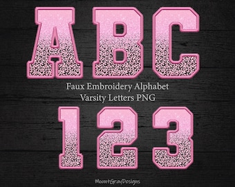Faux Embroidery Leopard Alpha PNG Set, Pink Black Glitter Leopard Varsity Letter, Faux Stitch Patch, Sports Alphabet, Sublimation Letters