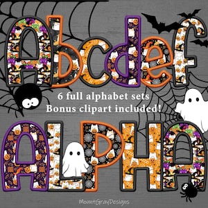 Juego de 6 letras PNG con bordados falsos, lindo alfabeto y clipart de gatos de Halloween kawaii, parches de letras con puntadas digitales, sublimación de Halloween