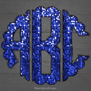 Monograma recortado PNG, monograma redondo com glitter de lantejoulas falsas azuis, alfabeto completo com letras rabiscadas, design de sublimação de monograma desenhado à mão, clipart
