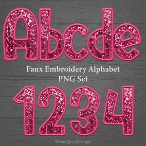 Faux Embroidery Letters PNG, Pink Sequin, Bling Letters PNG, Digital Stitch Letters Patches, Glitter Alphabet PNG, Cool Retro Font Alphabet