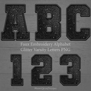 May include: Black glitter varsity letters A, B, C, 1, 2, and 3. Faux embroidery alphabet. Glitter varsity letters PNG.
