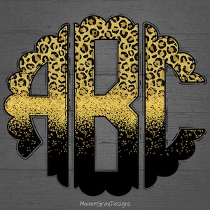 Monograma festoneado PNG, monograma redondo de brillo de patrón de leopardo dorado y negro, conjunto de alfabeto de letras de garabato dibujado a mano, monograma de sublimación