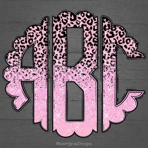 Monograma festoneado PNG, monograma redondo de leopardo de brillo rosa, letras garabatos, alfabeto dibujado a mano, monograma de sublimación, diseño de prensa de calor