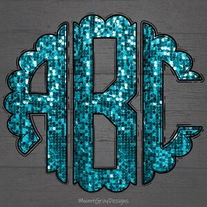 Monograma festoneado PNG, monograma con lentejuelas falsas azul turquesa y brillo, letras doodle, conjunto completo del alfabeto, fuente de monograma de sublimación