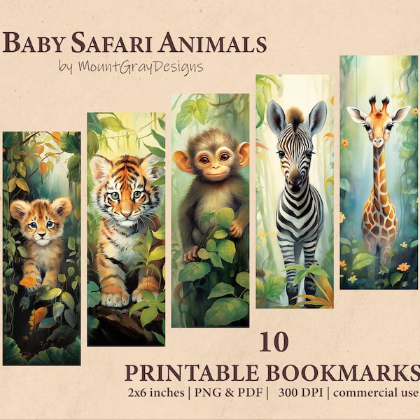 10 watercolor baby safari animals printable bookmarks | PNG & PDF | Bookmark Design | Digital download | Sublimation bookmarks | Bundle set