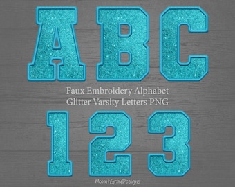 Faux Embroidery Letters PNG, Blue Glitter Varsity Letters, Collegiate Font, Sports Sublimation, Bling Letters Alphabet PNG Letter Patches