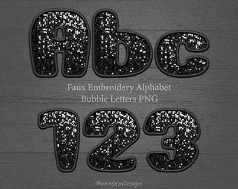 Faux Embroidery Letters PNG Alphabet Bundle, Black Sequin Glitter Letter, Faux Patch PNG, Faux Stitched Alpha PNG, Sublimation Letter Design