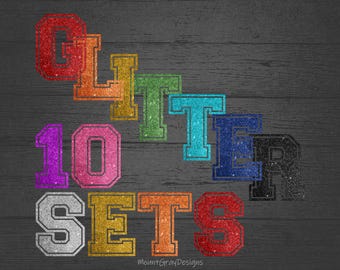 Glitter Letters PNG Set, Faux Glitter Alphabet and Numbers, College Varsity Letters, Bling Sparkle Sports Alphabet, Bright Rainbow Alphabet