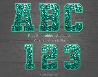 Faux Embroidery Letters PNG Alphabet, Mint Green Sequin Varsity Letters, Faux Patch PNG, Faux Stitched Alpha PNG, Sports Sublimation Design