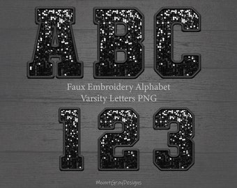 Faux Embroidery Letters PNG Set, Black Sequin, Varsity Letters, Digital Stitch Patch, Sports Glitter Alphabet Bundle, Stitched Alpha PNG