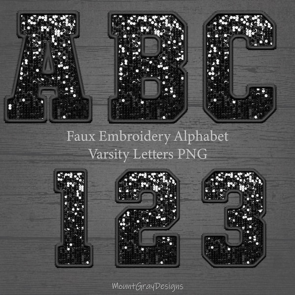 Faux Embroidery Letters PNG Set, Black Sequin, Varsity Letters, Digital Stitch Patch, Sports Glitter Alphabet Bundle, Stitched Alpha PNG