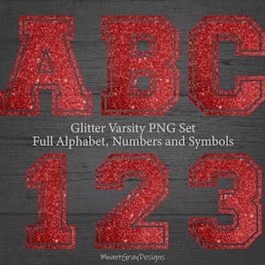 May include: Red glitter varsity letters A, B, and C, and numbers 1, 2, and 3.  Glitter Varsity PNG Set. Full Alphabet, Numbers and Symbols.