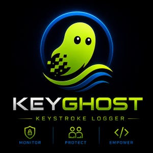 May include: A logo featuring a lime green ghost icon with a pixelated tail inside a blue circular frame. Below the icon, the text reads KEYGHOST KEYSTROKE LOGGER. Three smaller icons with the labels MONITOR, PROTECT, and EMPOWER appear below.