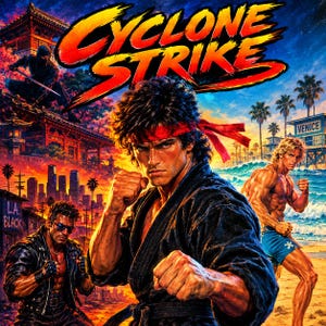 May include: A vibrant poster titled Cyclone Strike featuring a central figure in a black martial arts gi and red headband, a ninja on a temple roof, a man in a leather jacket, and a shirtless man on a beach with the text Venice visible.