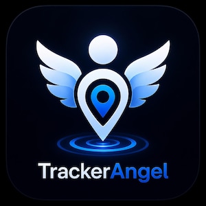 May include: A square app icon with a black background featuring a glowing white and blue graphic of a location pin shaped like an angel with wings. Below the graphic, the text TrackerAngel is displayed in white and blue lettering.