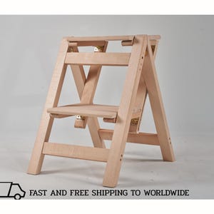 Handmade Wooden Step Stool: Folding Kitchen Library Ladder