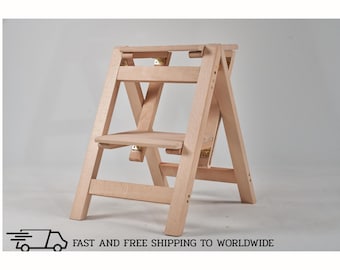Handmade Wooden Step Stool: Folding Kitchen Library Ladder