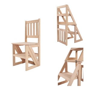 May include: A wooden step stool chair with a back and two steps. The chair folds flat for storage.