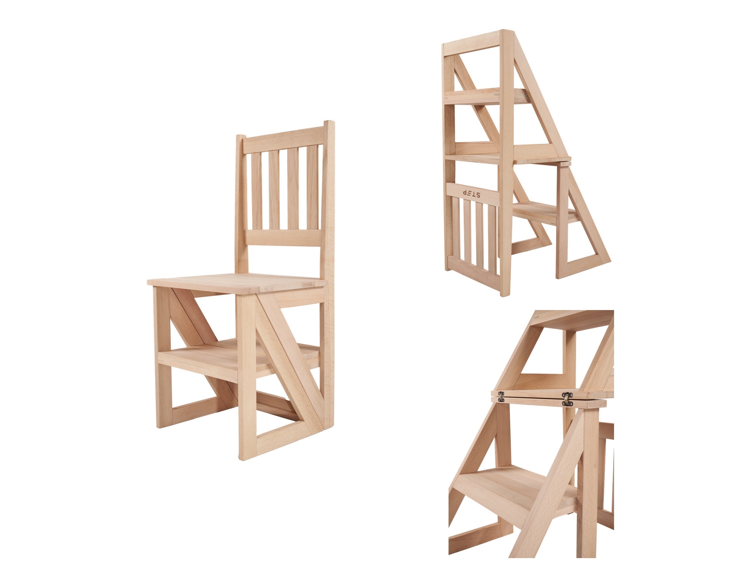 Combinación de silla de escalera de 4 escalones, escaleras plegables,  taburetes de escaleras, silla de madera para biblioteca, escalera,  escalera