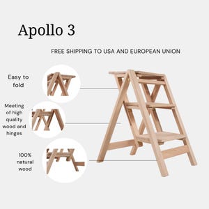 Handmade Wooden Folding Step Stool Ladder: Kitchen Library Decor