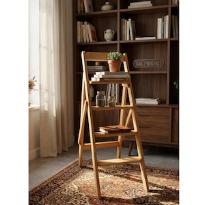 May include: A light-coloured wooden step ladder with three shelves, holding books, potted plants, and jars. The ladder is positioned in front of a dark wooden bookshelf. The sign on the bookshelf reads "OAK / WALNUT".