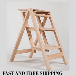 Handmade Wooden Folding Step Stool Ladder: Kitchen Library Decor